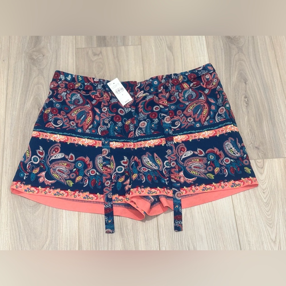 LOFT Paisley Tie Waist Shorts in a blue/red/multicolor pattern